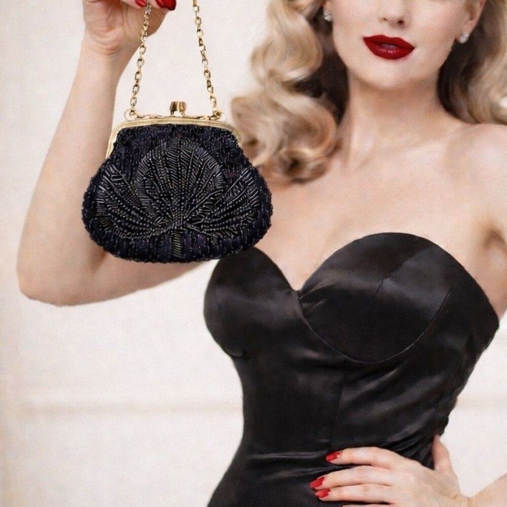 VTG‎ Black Beaded Evening Bag Kiss Lock Chain Chic Retro Pinup Flapper Set Deco